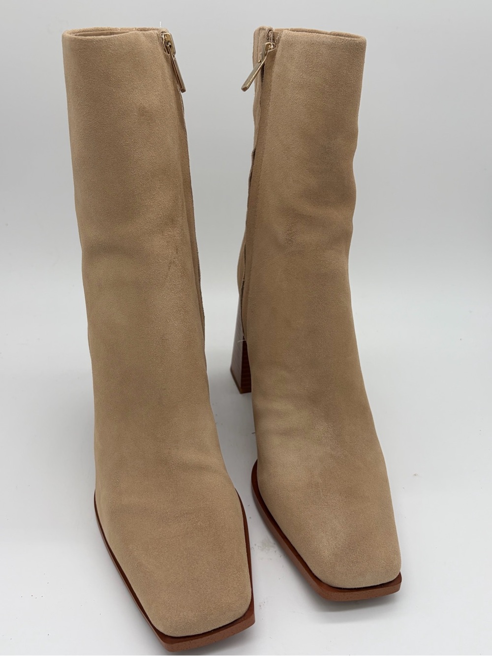 Sam Edelman Beige Suede Square-Toe Mid-Calf Heeled Boots